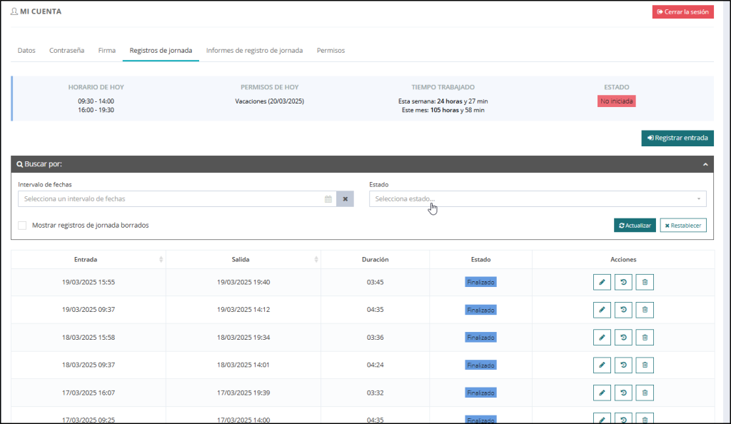 Histórico de registros de jornada del profesional en Qclinicas Cloud