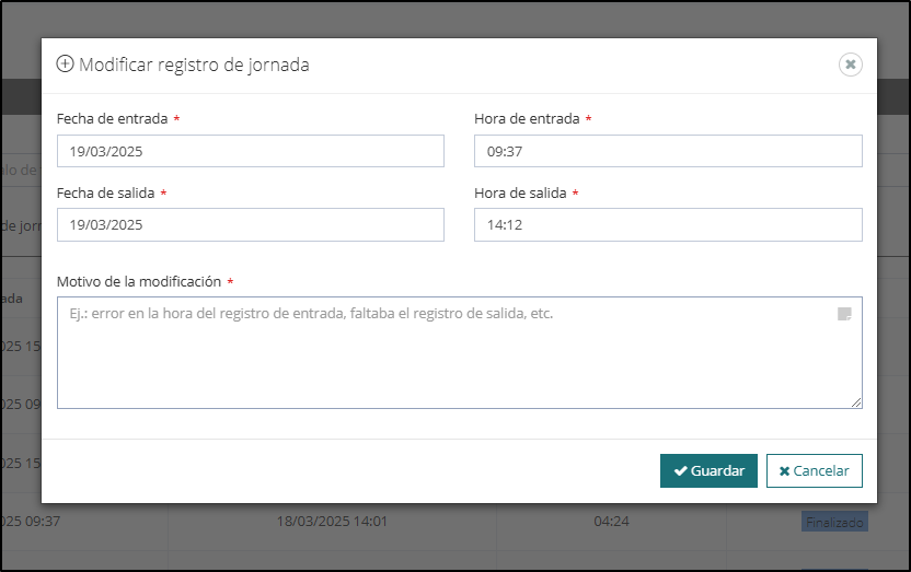 Edición de un registro de jornada