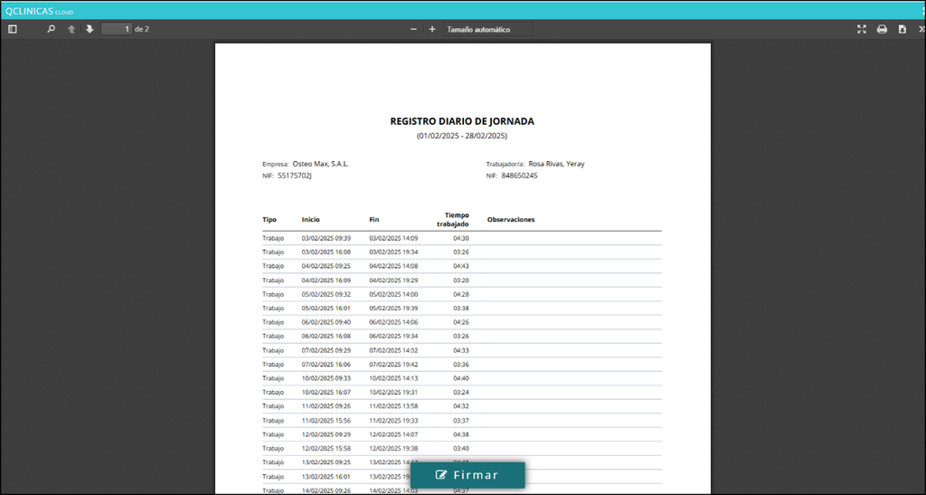 Previsualización y firma del informe de registro de jornada