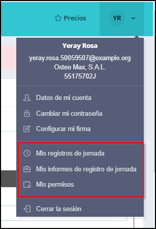 Menú del perfil de usuario con las opciones de registro de jornada